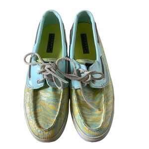 Sperry top sider aqua blue yellow sequin zebra boat shoes lace up size 8.5